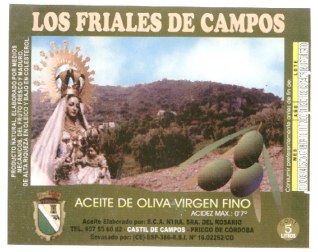 Etiqueta de las garrafas de 5 litros de aceite de oliva virgen elaborado por la Cooperativa Ntra. Sra. del Rosario de Castil de Campos.